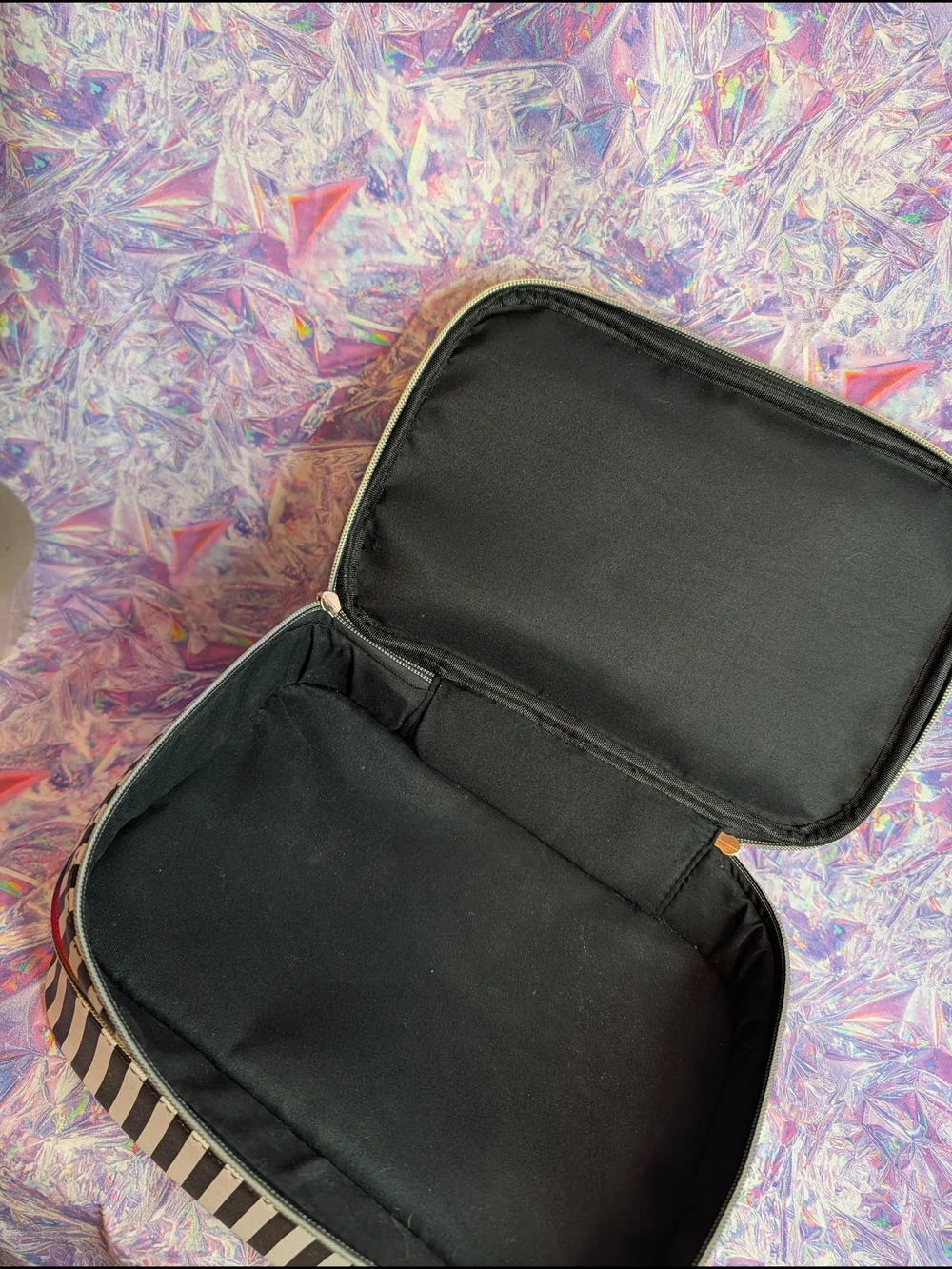 Underonesky Striped 3 Zipper Cosmetic Make Up Case with Rainbow Trim, Used Once